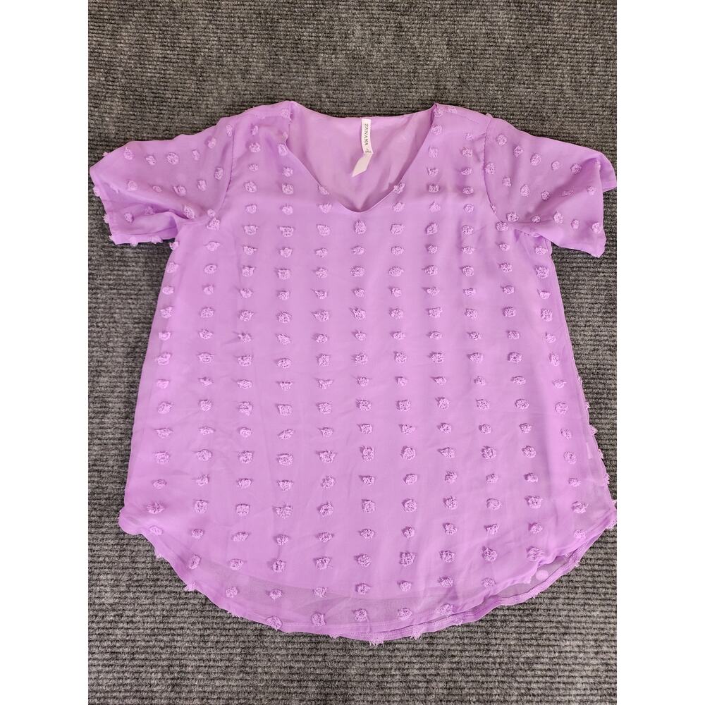 Zenana Womens Large Lot of 2 Short Sleeve Swiss Dot Blouse V-Neck Black Purple - Picture 3 of 10